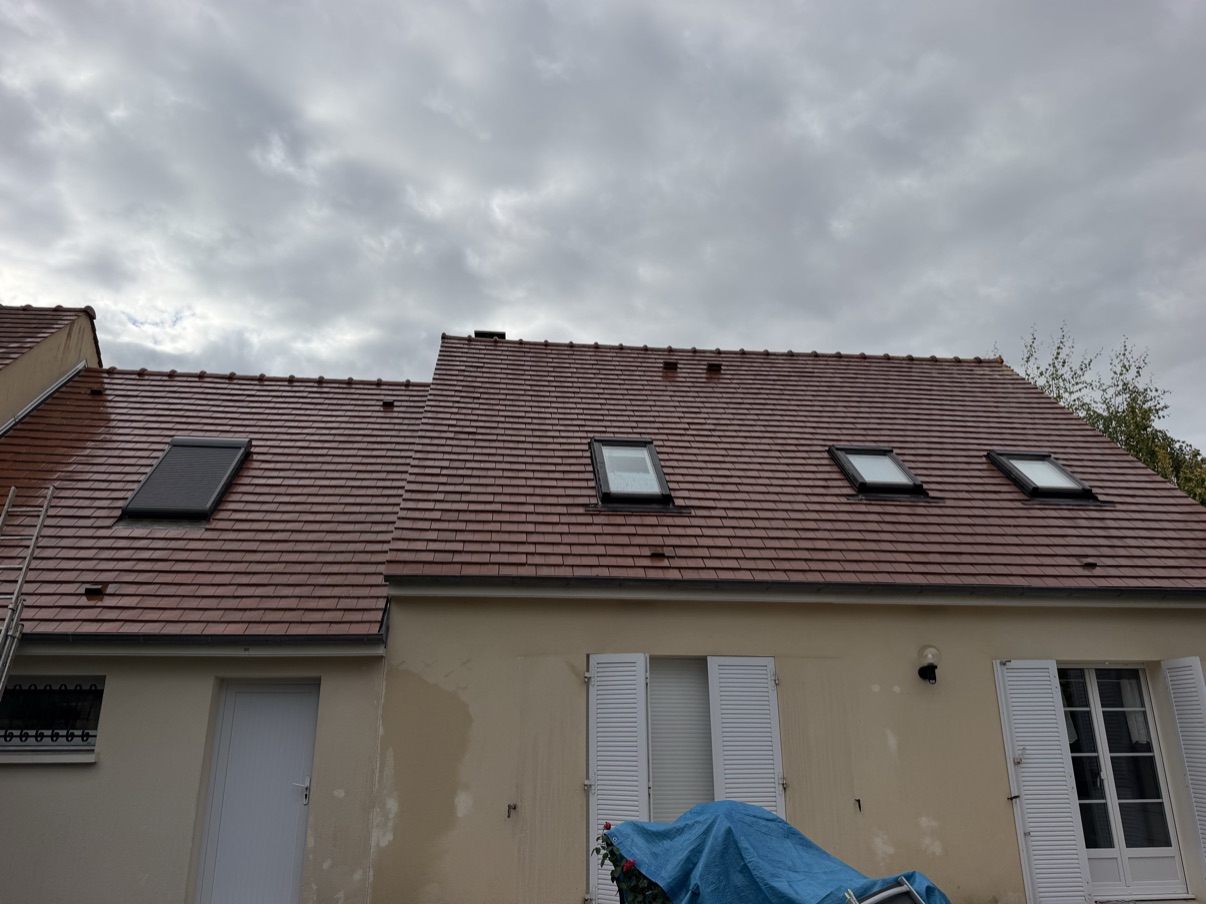 Toiture en tuiles couverte de mousses et de traces noires avant démoussage